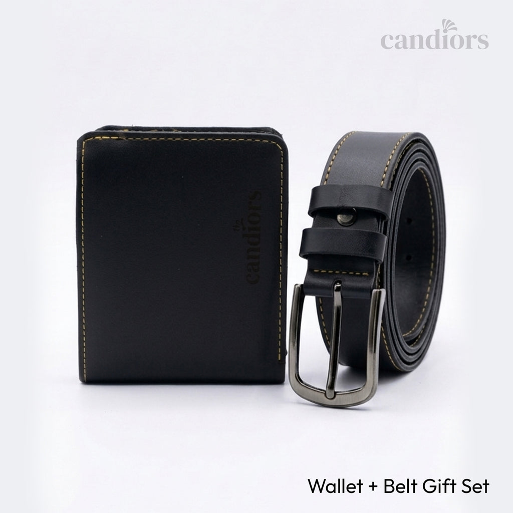 Premium Faux Leather Men's Wallet & Belt Gift Set